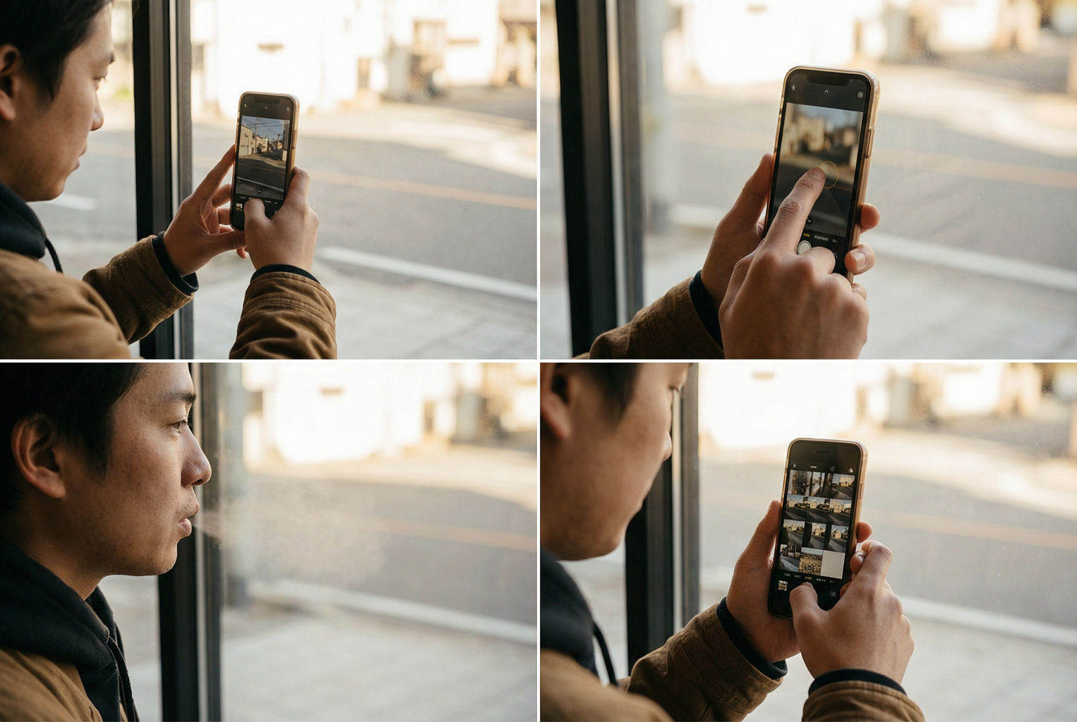 a short sequence of a person near a window holding a iphone
