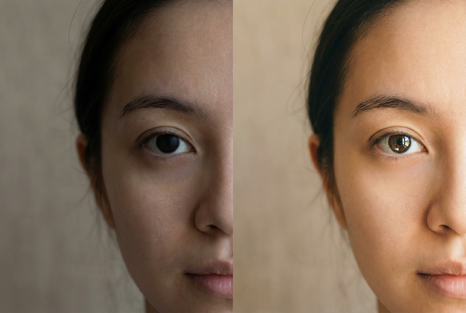 close up comparison portrait showing two versions 