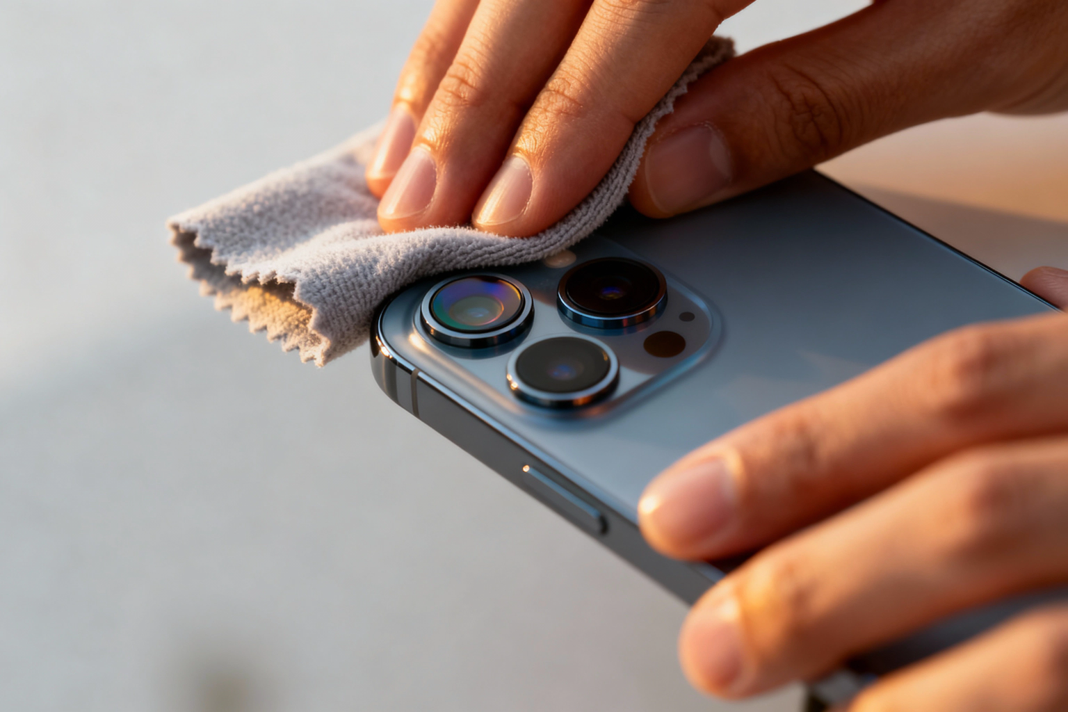 realistic photo of a person gently wiping of the lens