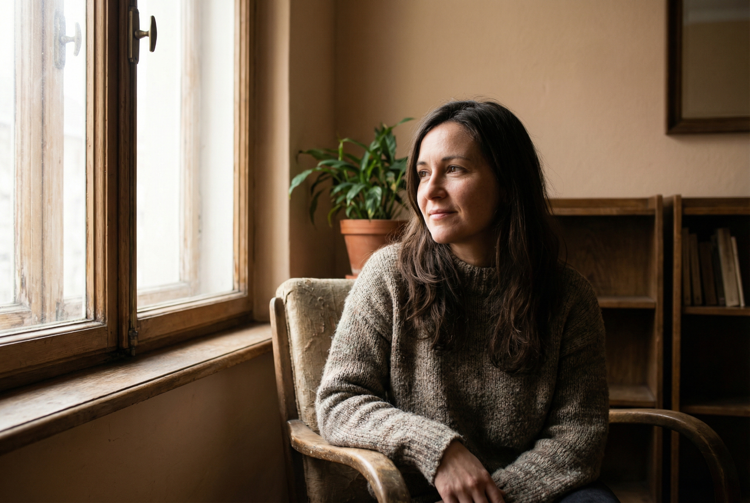 indoor portrait of a woman sitting near a window