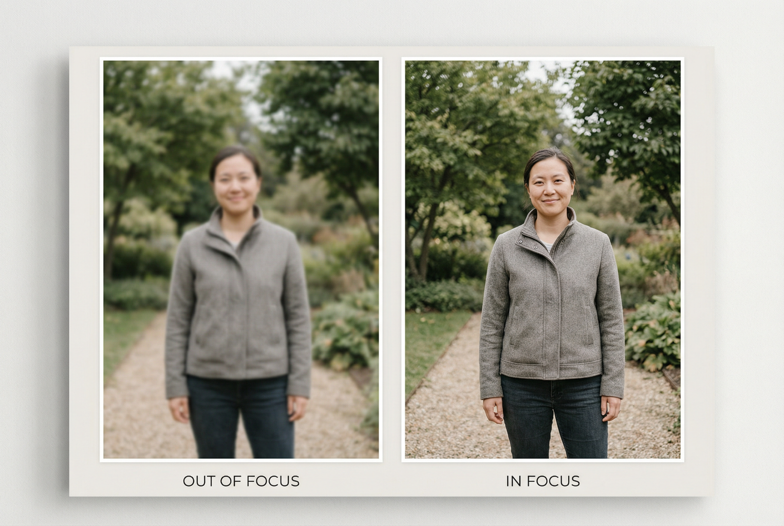 side by side comparison image of the same person in focus and out of focus