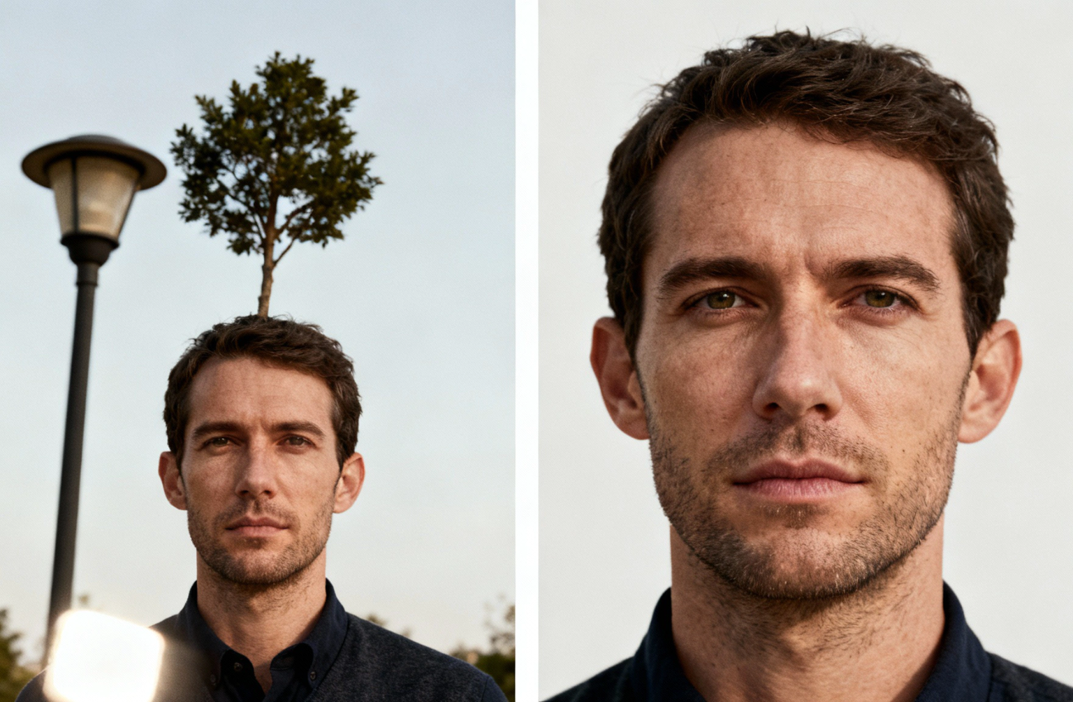 side by side comparison portrait of the same man 