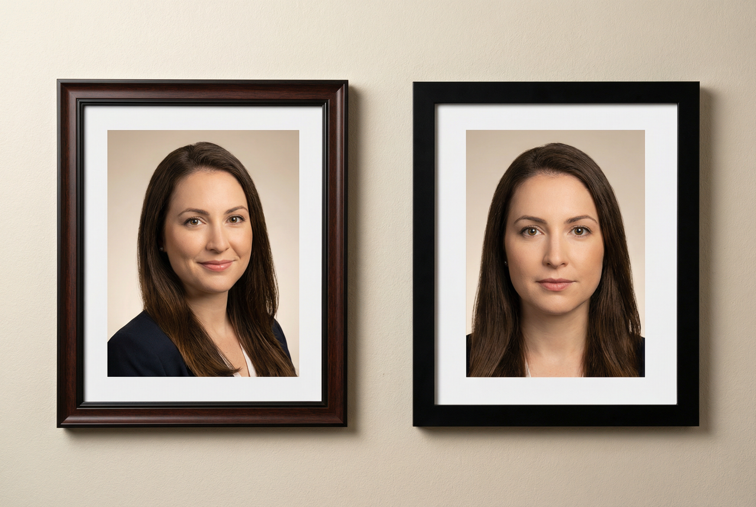 two framed portraits of the same woman side by sid (1)